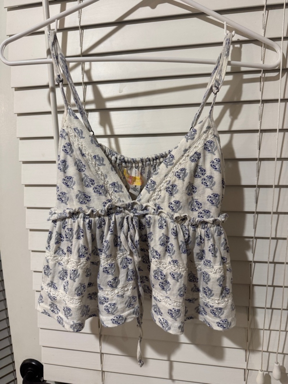 Urban Outfitters White Tank with Blue Floral Print and Tie Front